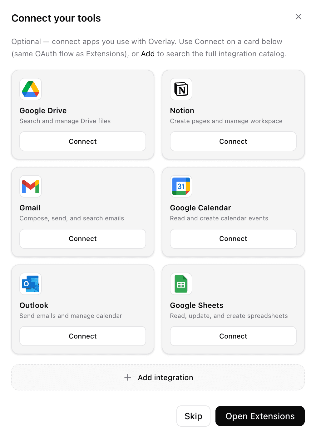 Overlay connect your tools modal